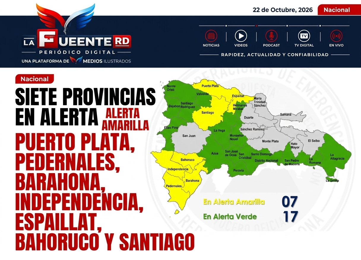 En alerta amarilla están Puerto Plata, Pedernales, Barahona, Independencia, Espaillat, Bahoruco y Santiago.
