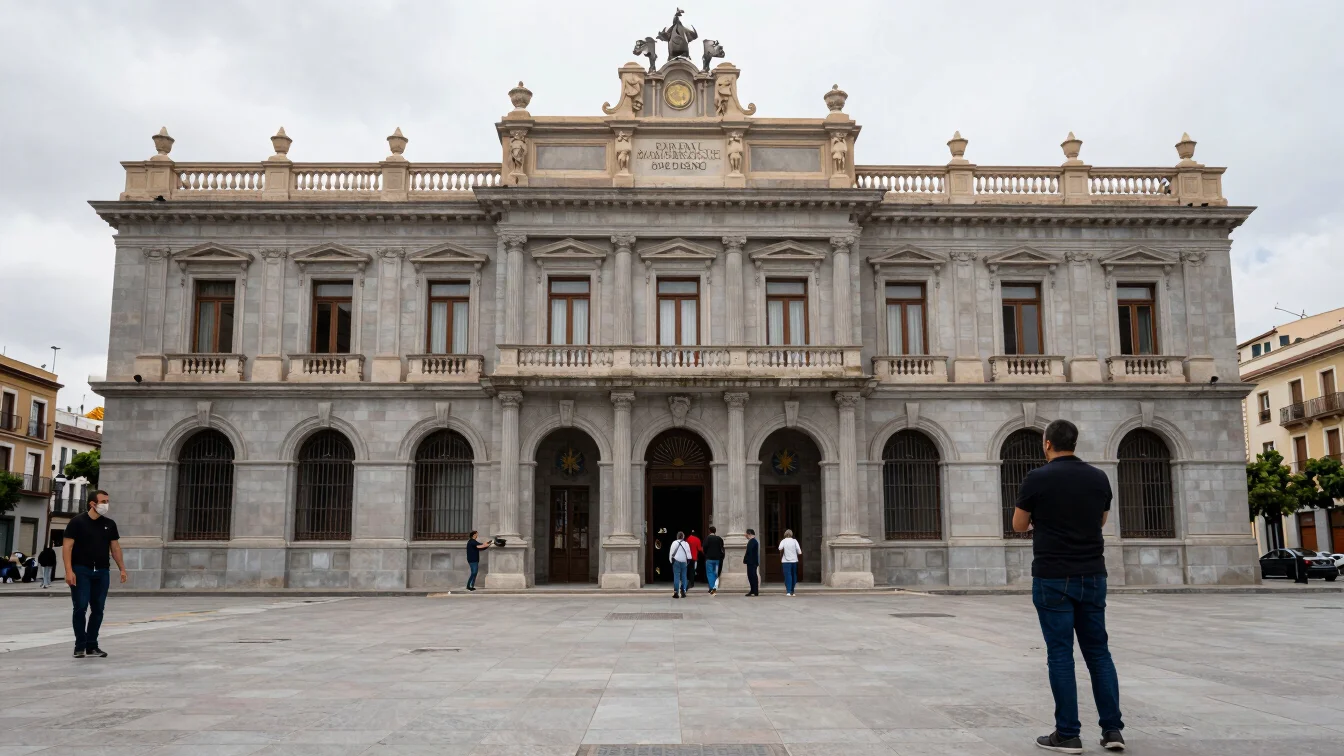 Fotografía de prensa de un edificio gubernamental en una ciudad española, con detalles arquitectónicos y personas entran
