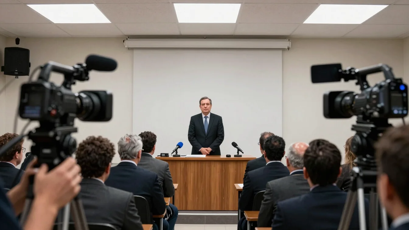 Fotografía de prensa de una sala de prensa o conferencia, con micrófonos en un podio y un orador difuminado al fondo, lu