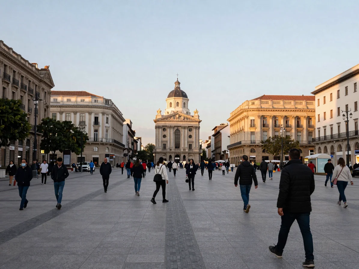 Fotografía de prensa documental, vista panorámica de una plaza bulliciosa en una capital europea al atardecer, con edifi