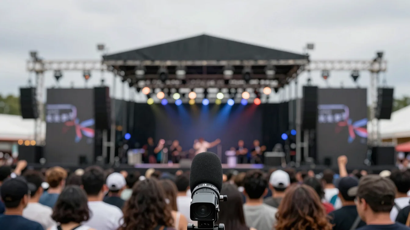 Un escenario de concierto con luces de ambiente y un micrófono en