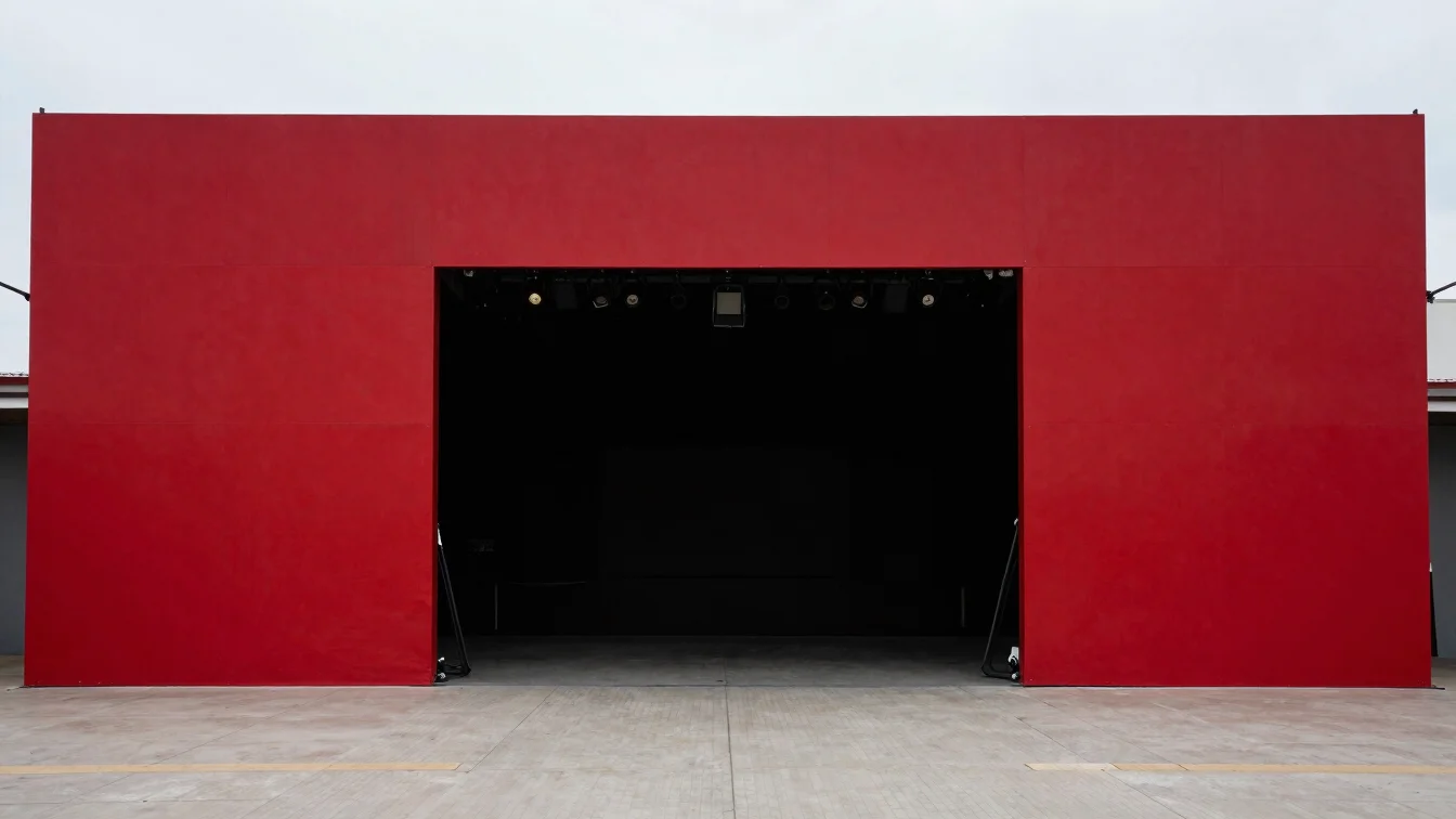 Un telón de teatro rojo y pesado, ligeramente abierto, revelando