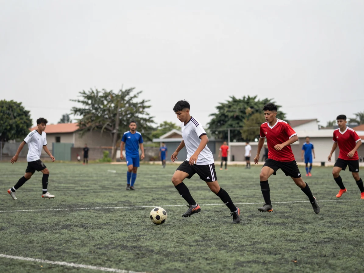 Fotografía de prensa, acción en un partido de fútbol amateur, jug