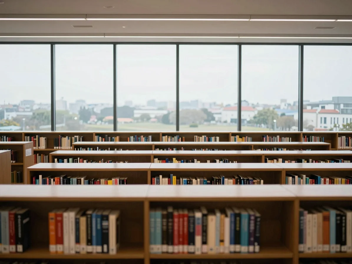 Fotografía de prensa, interior de una biblioteca moderna, estante