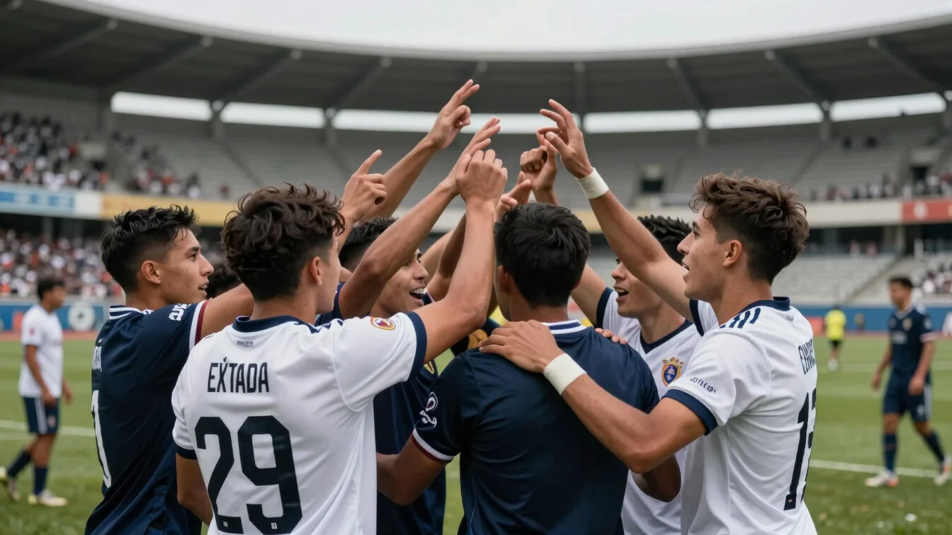 Fotoperiodismo de un partido de fútbol, jugadores celebrando un g