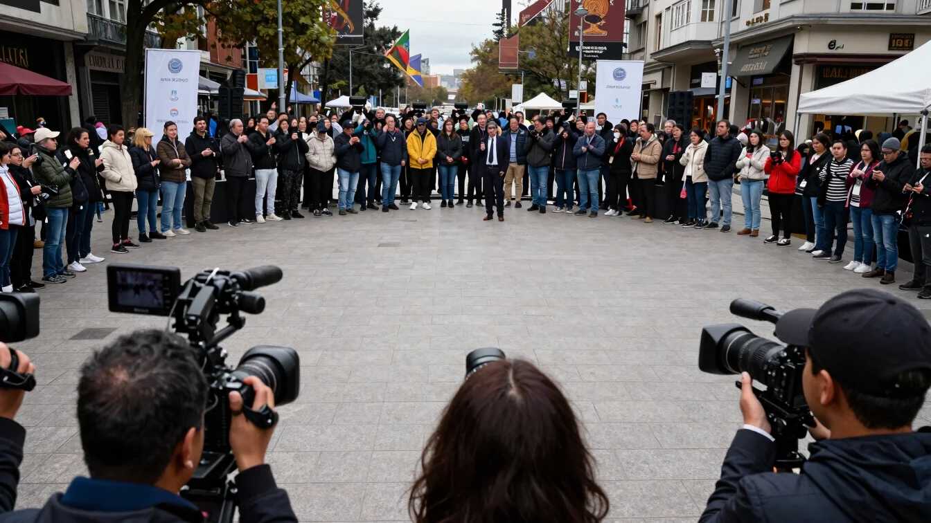 Fotografía de prensa, vista amplia de un evento público en una pl