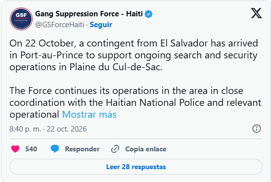 El pasado lunes 19 de octubre, las agencias internacionales informaron que cinco soldados salvadoreños de la Fuerza de Supresión de Pandillas estaban desaparecidos luego de haber sido emboscados el domingo en las afueras de Puerto Príncipe.